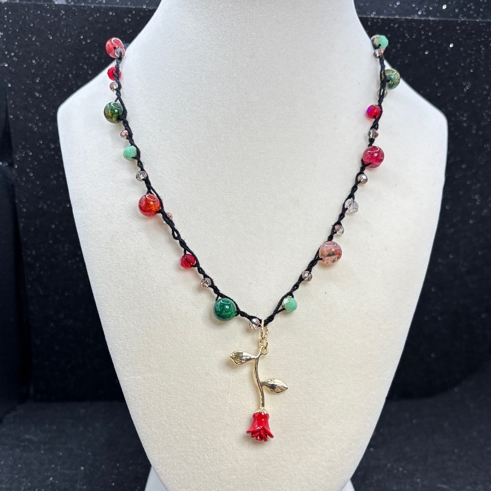 Handmade Rose Pendant Crochet Necklace | Dyed Agate & Glass Beads Adjustable 20” - Picture 3 of 8